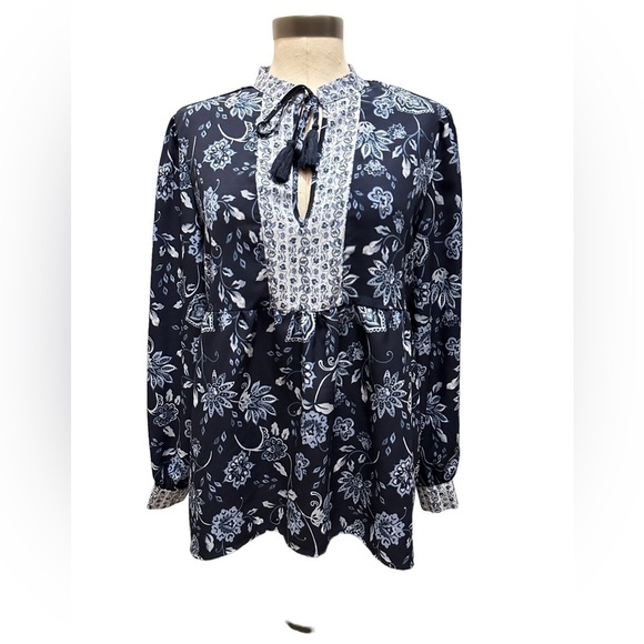Dip Floral Peplum Blue Long Sleeve Size Medium Drawstrings - Picture 1 of 10